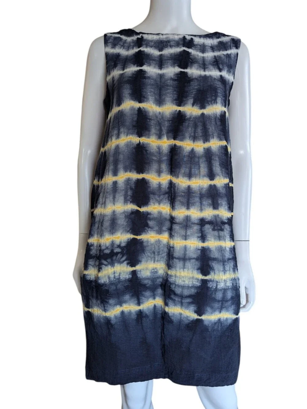 Sleeveless Navy and Yellow Tie-Dye Shift Dress - Picture 2 of 7
